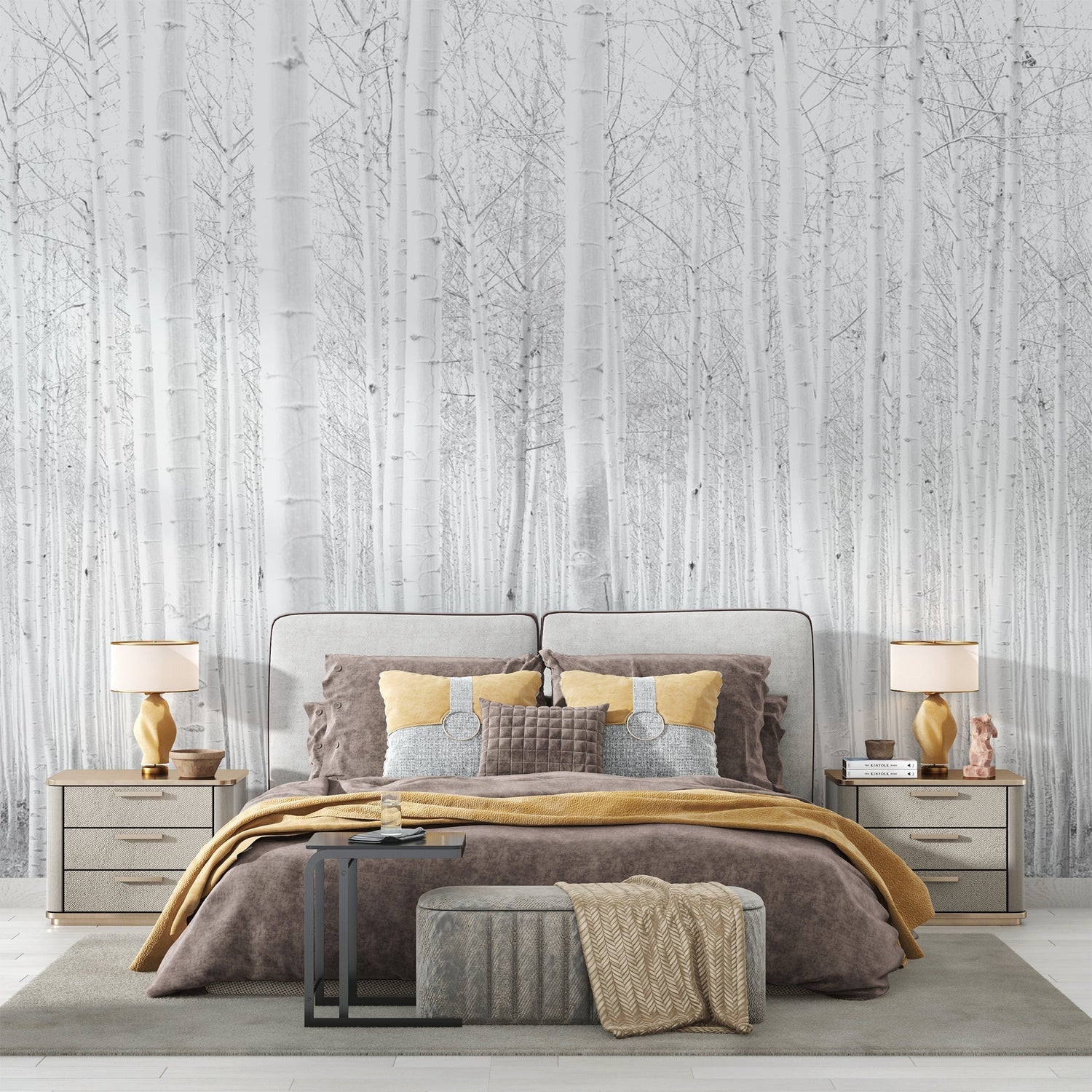 Birch tree wall mural in cozy living room setting, showcasing the mural's depth and texture