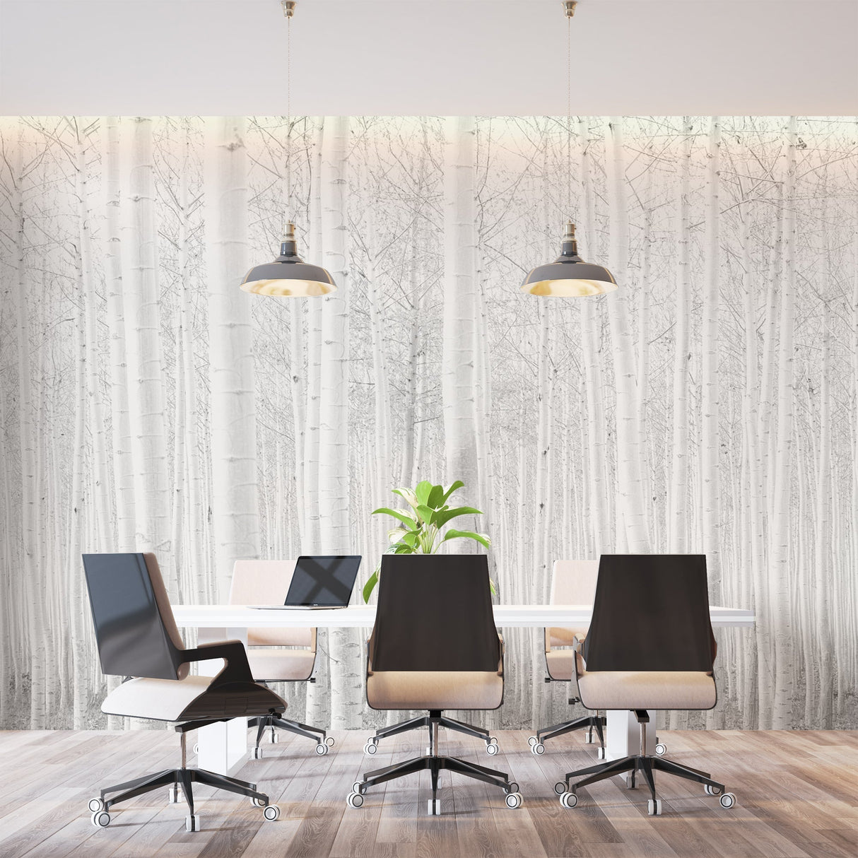 Forest wallpaper featuring white birch trees in modern home office space