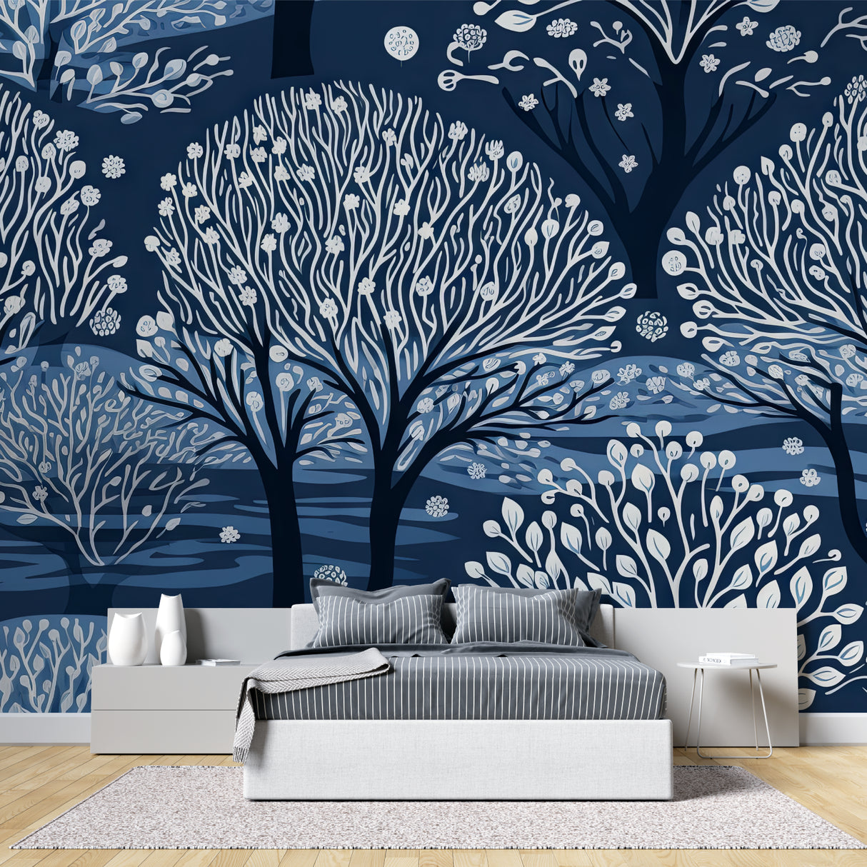 White forest wallpaper in modern living room, blue night scene with glowing tree silhouettes creates peaceful atmosphere