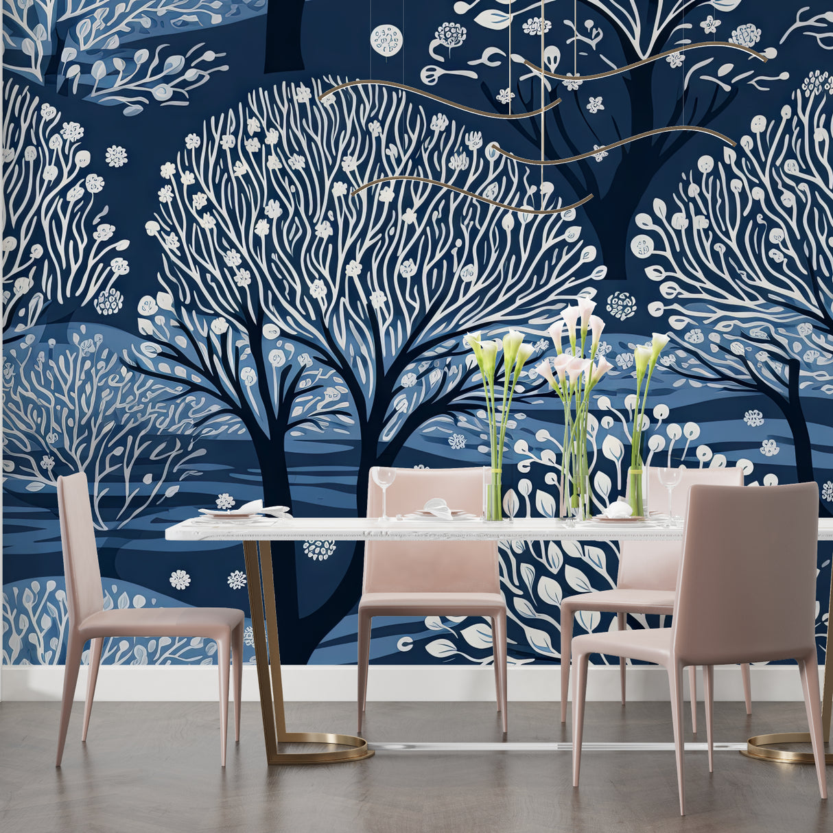 Night forest wall mural in master bedroom, white trees against deep blue background add dreamy ambiance