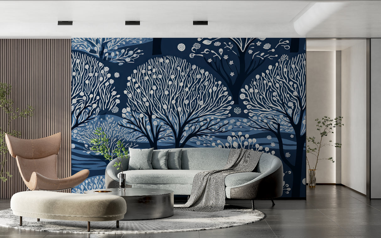 Blue forest wallpaper in dining room, white tree silhouettes create elegant evening mood