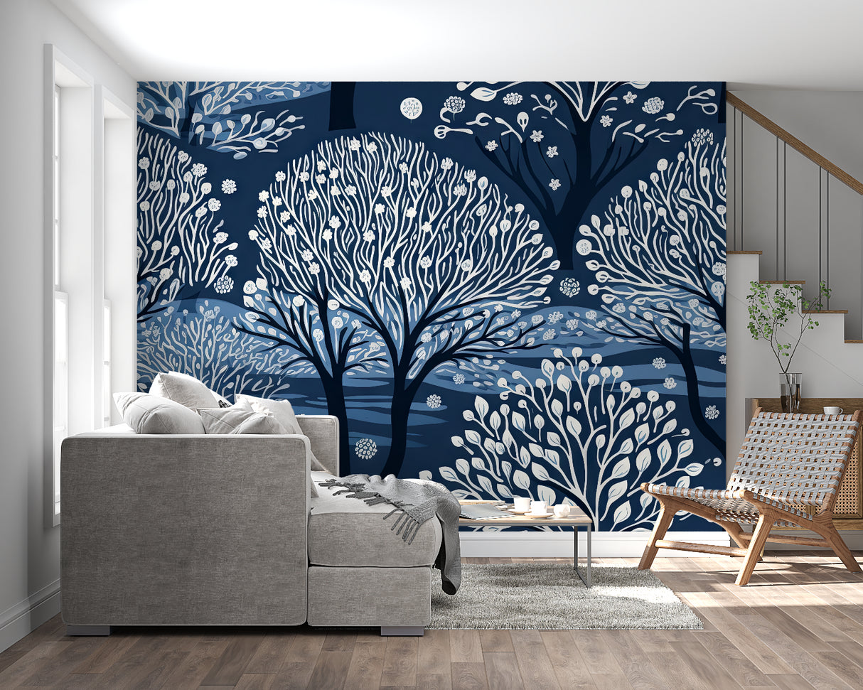 Forest wall mural in home office, moonlit trees pattern brings nature indoors