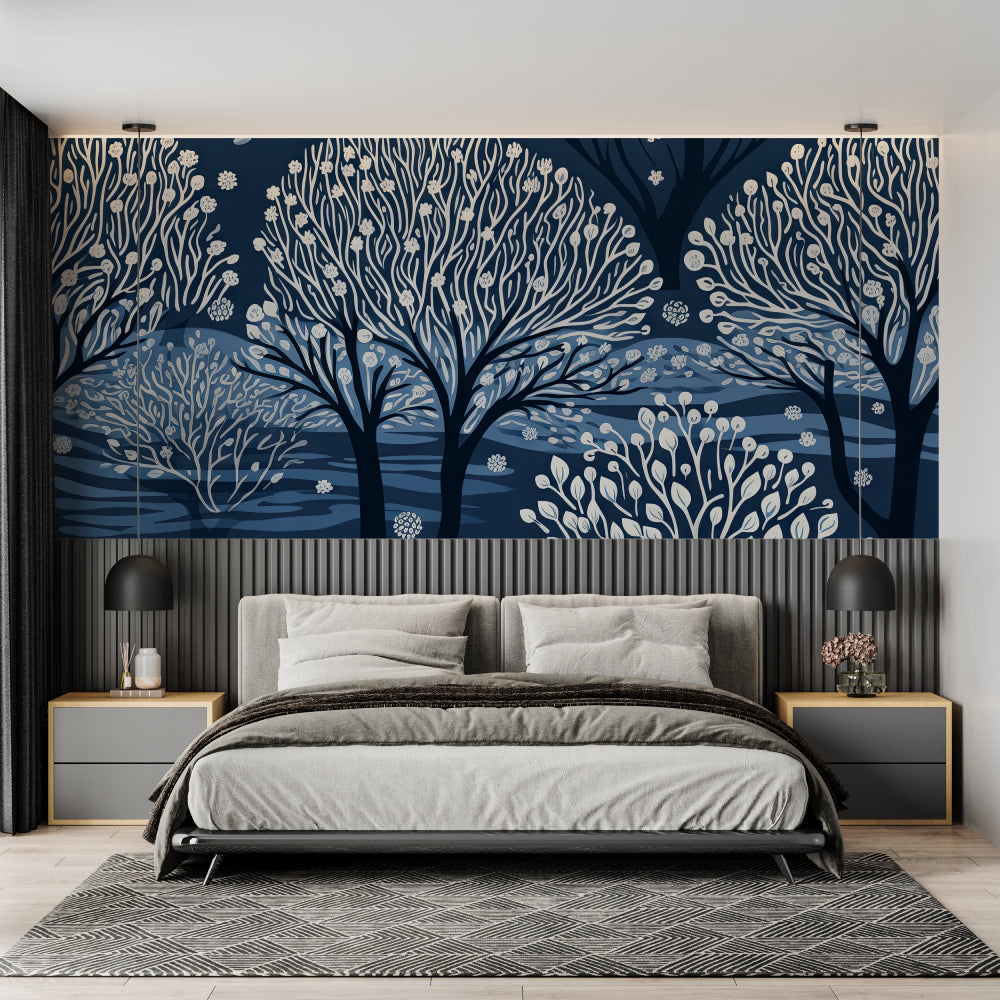 Night forest mural in hallway, white branches on blue create depth and movement