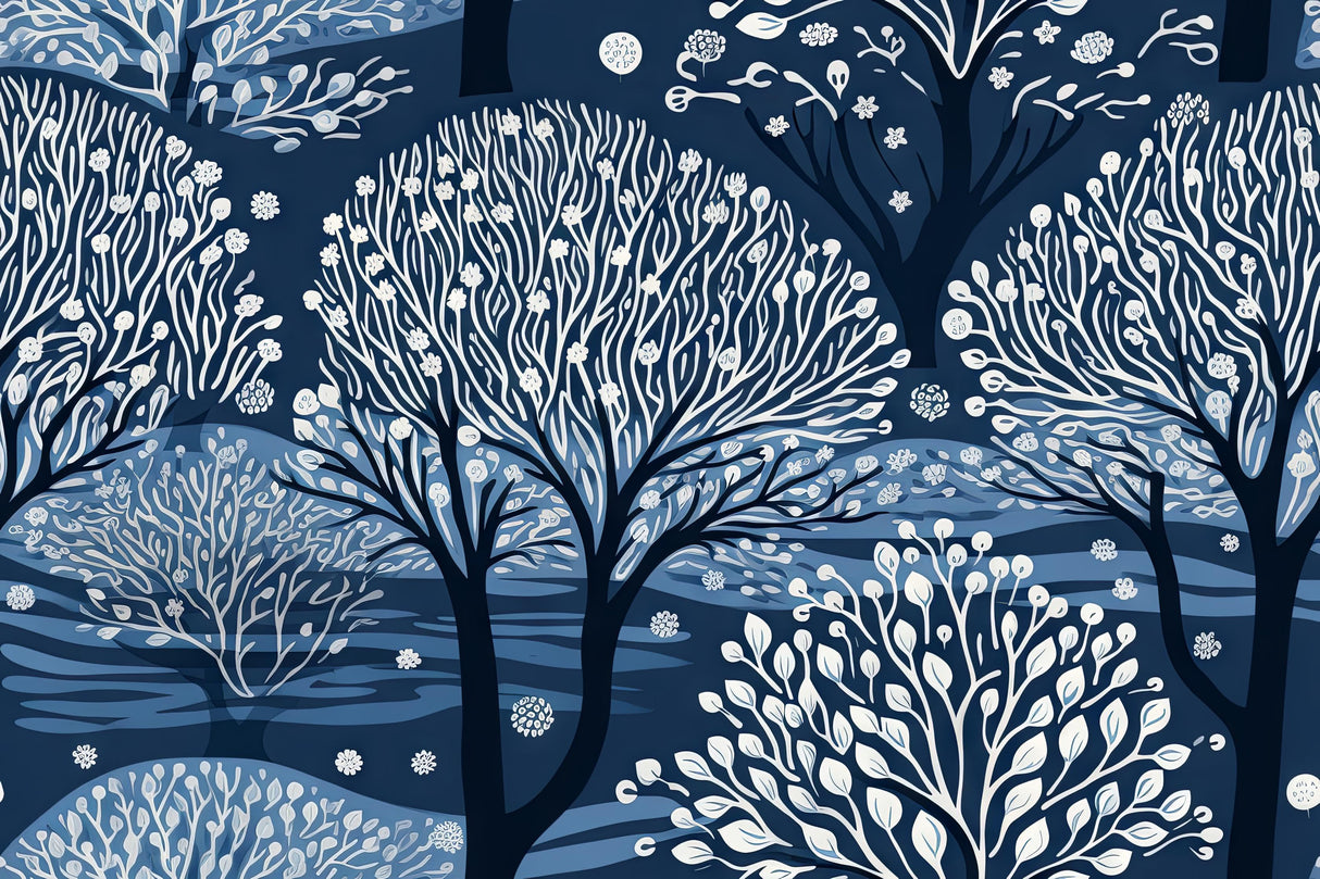 Forest wallpaper design file showing detailed white tree pattern on deep blue background