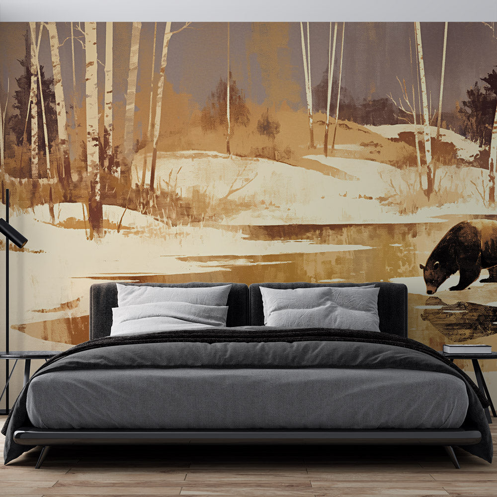 Forest wildlife wallpaper with winter bear scene styled in a modern Scandinavian living room