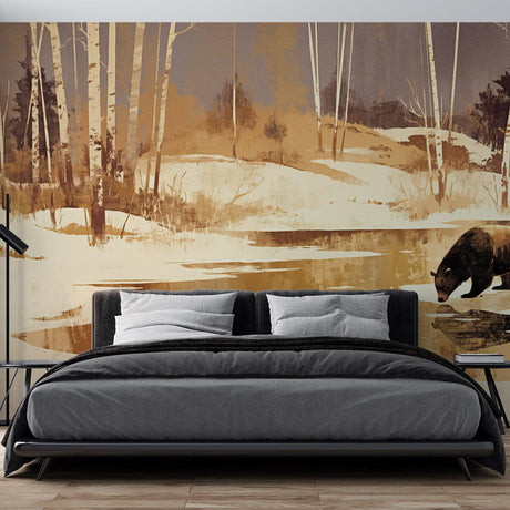 Forest wildlife wallpaper with winter bear scene styled in a modern Scandinavian living room