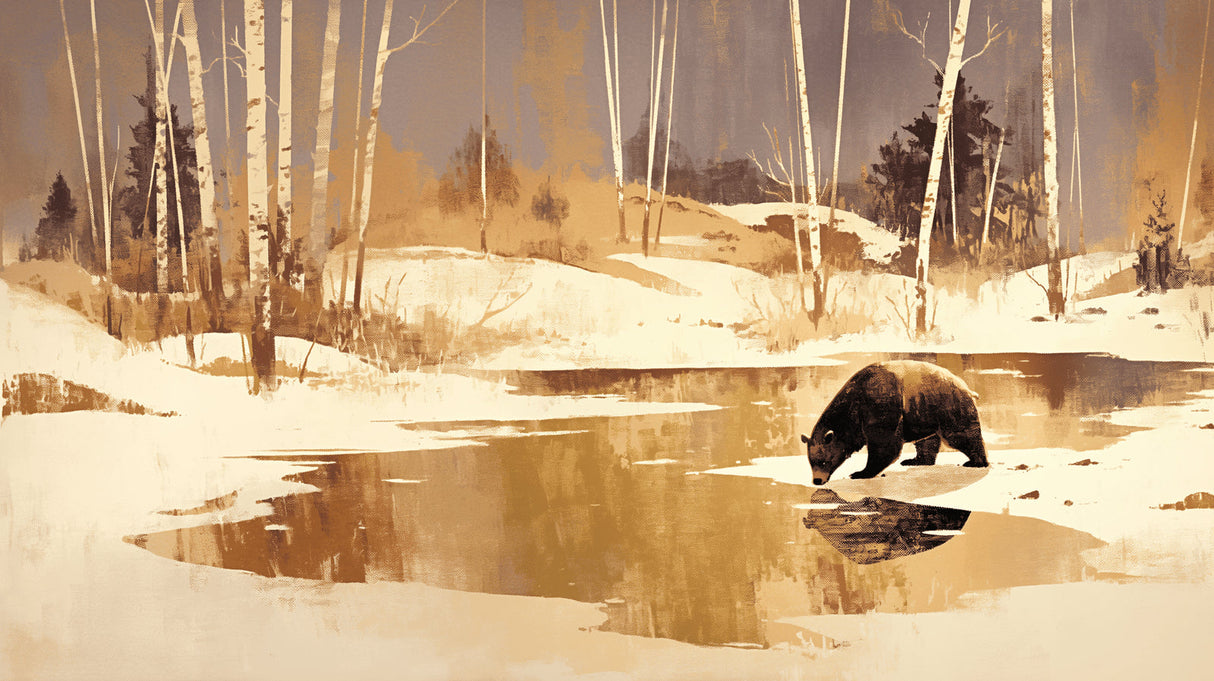 Bear and birch trees mural wallpaper creating depth in a cozy bedroom setting