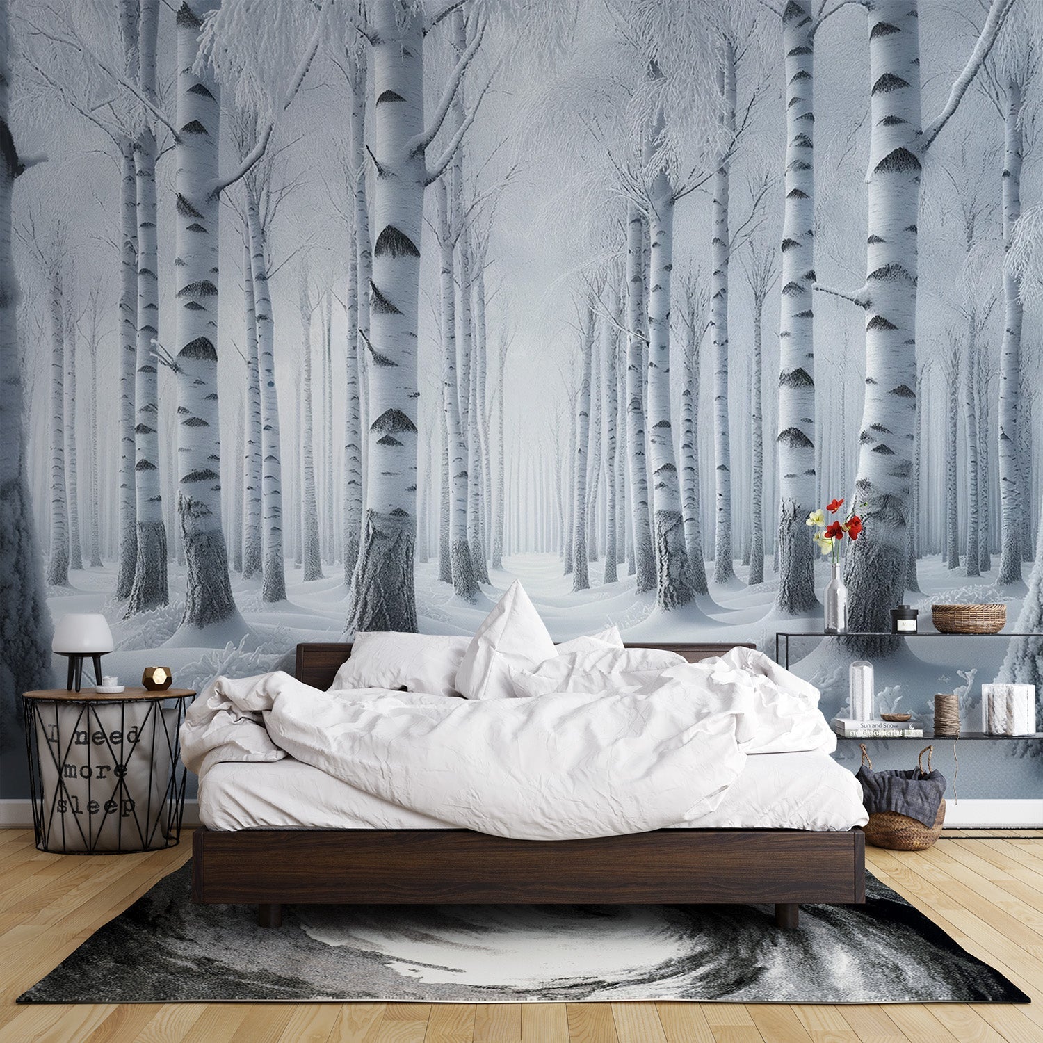 Winter forest wallpaper creating a cozy atmosphere in a modern living room, white birch trees adding depth to the space