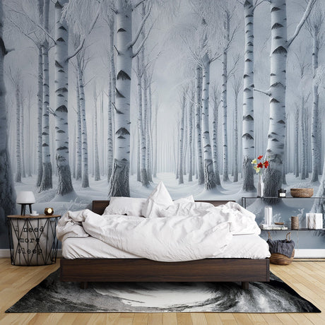 Winter forest wallpaper creating a cozy atmosphere in a modern living room, white birch trees adding depth to the space