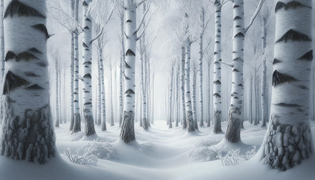 Winter birch forest wallpaper design file showing misty snow scene with white tree trunks