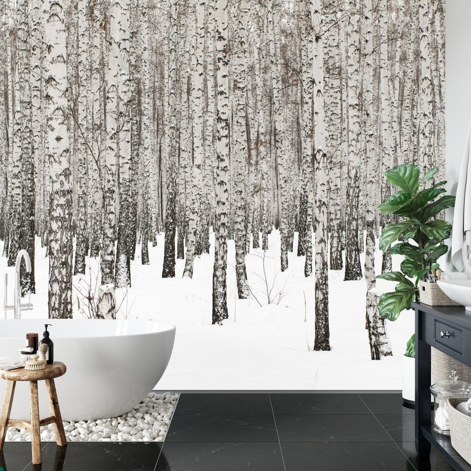 Black and white forest wallpaper making a statement in a cozy dining room setting