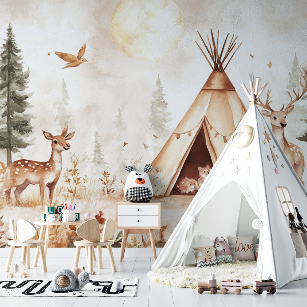 Forest animal wallpaper creating a magical atmosphere in a child's reading nook