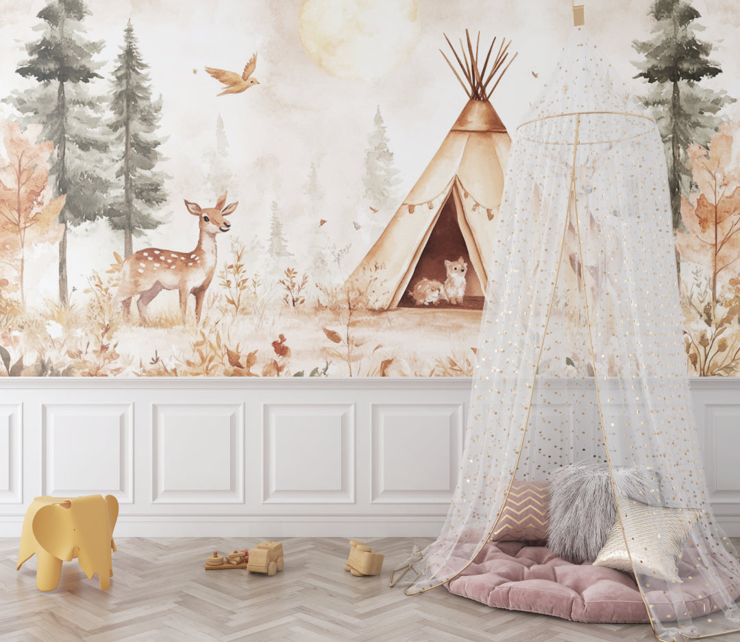 Teepee woodland mural showcased in a modern playroom with natural elements
