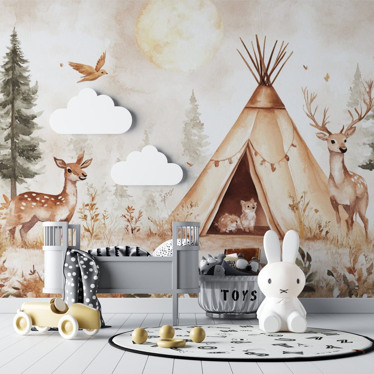 Deer wallpaper design brightening up a baby's nursery with gentle morning light