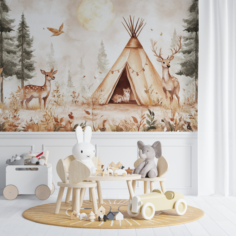 Woodland nursery wallpaper in a minimal Scandinavian kids room setup
