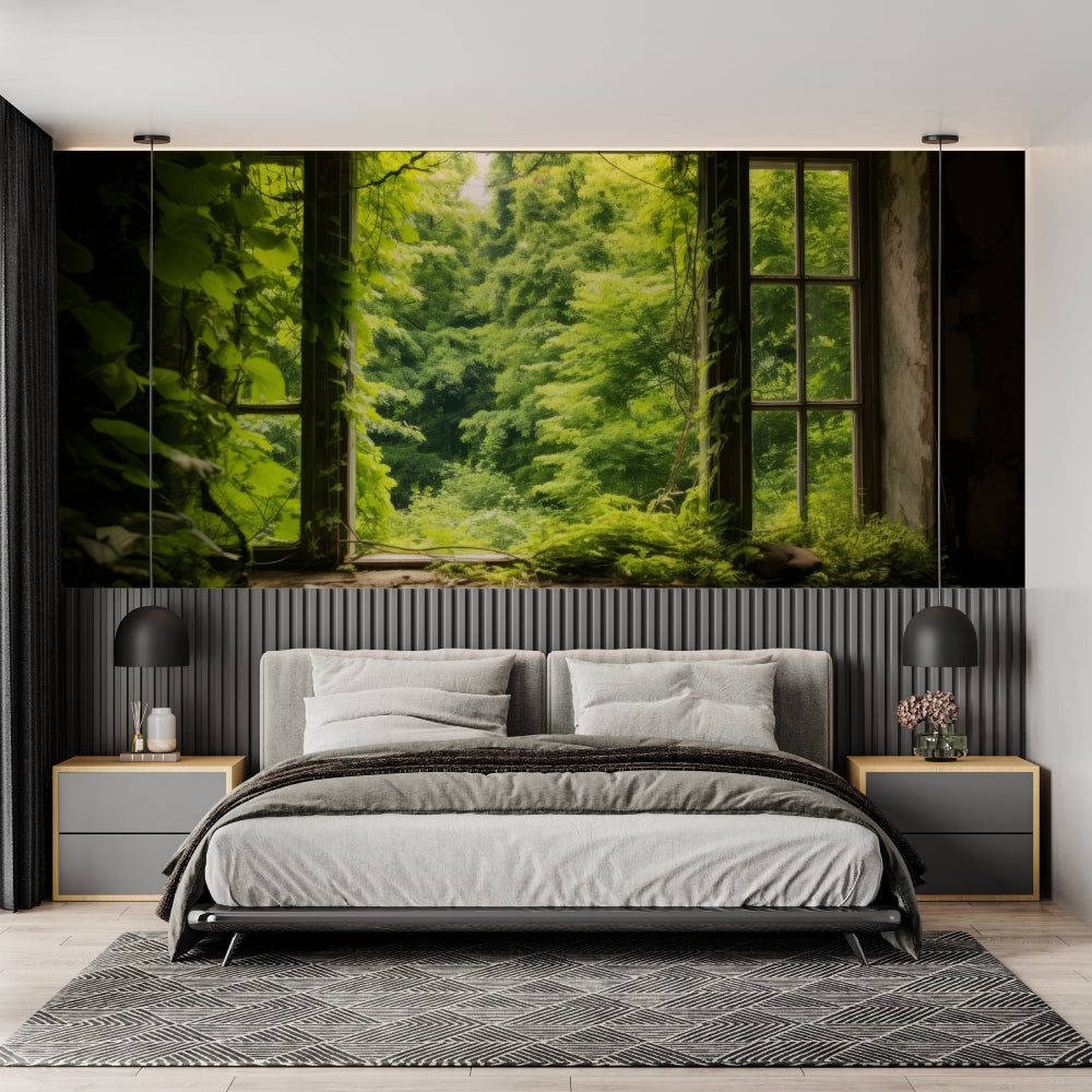 Forest window mural wallpaper creating depth in modern living room with natural light