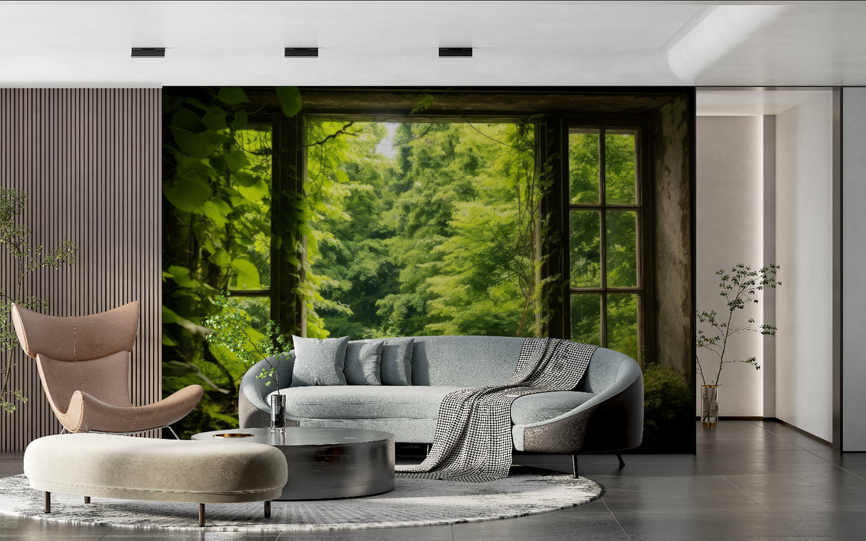 Green forest window wallpaper transforming home office into nature retreat