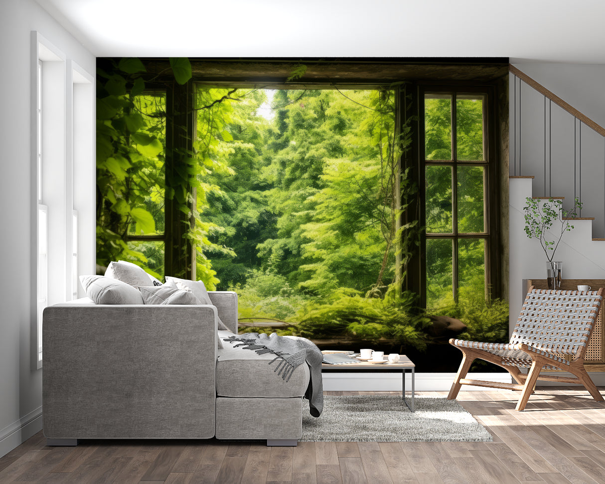 Forest view window mural in cozy bedroom setting with morning light