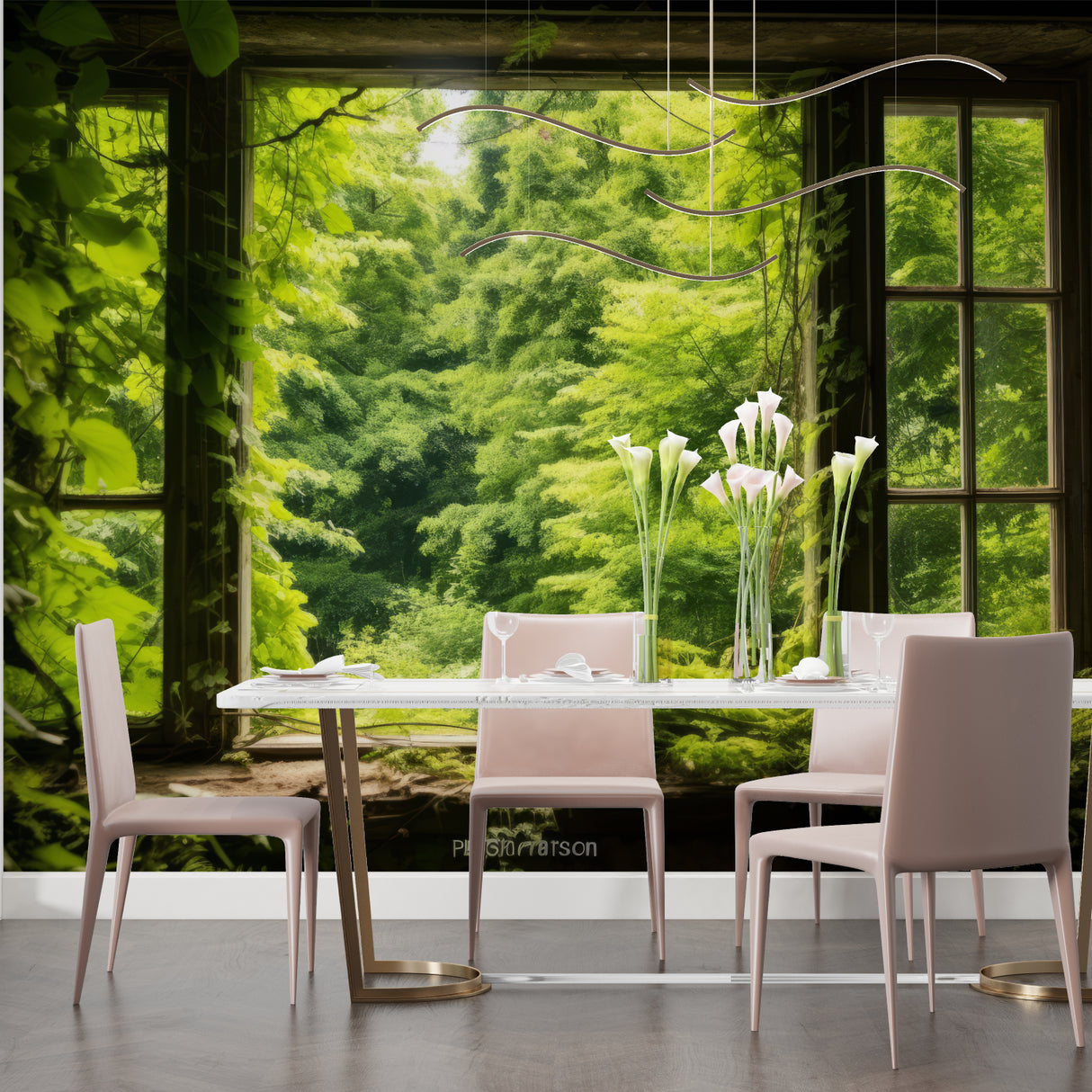 Nature window mural bringing outdoor freshness to dining room space