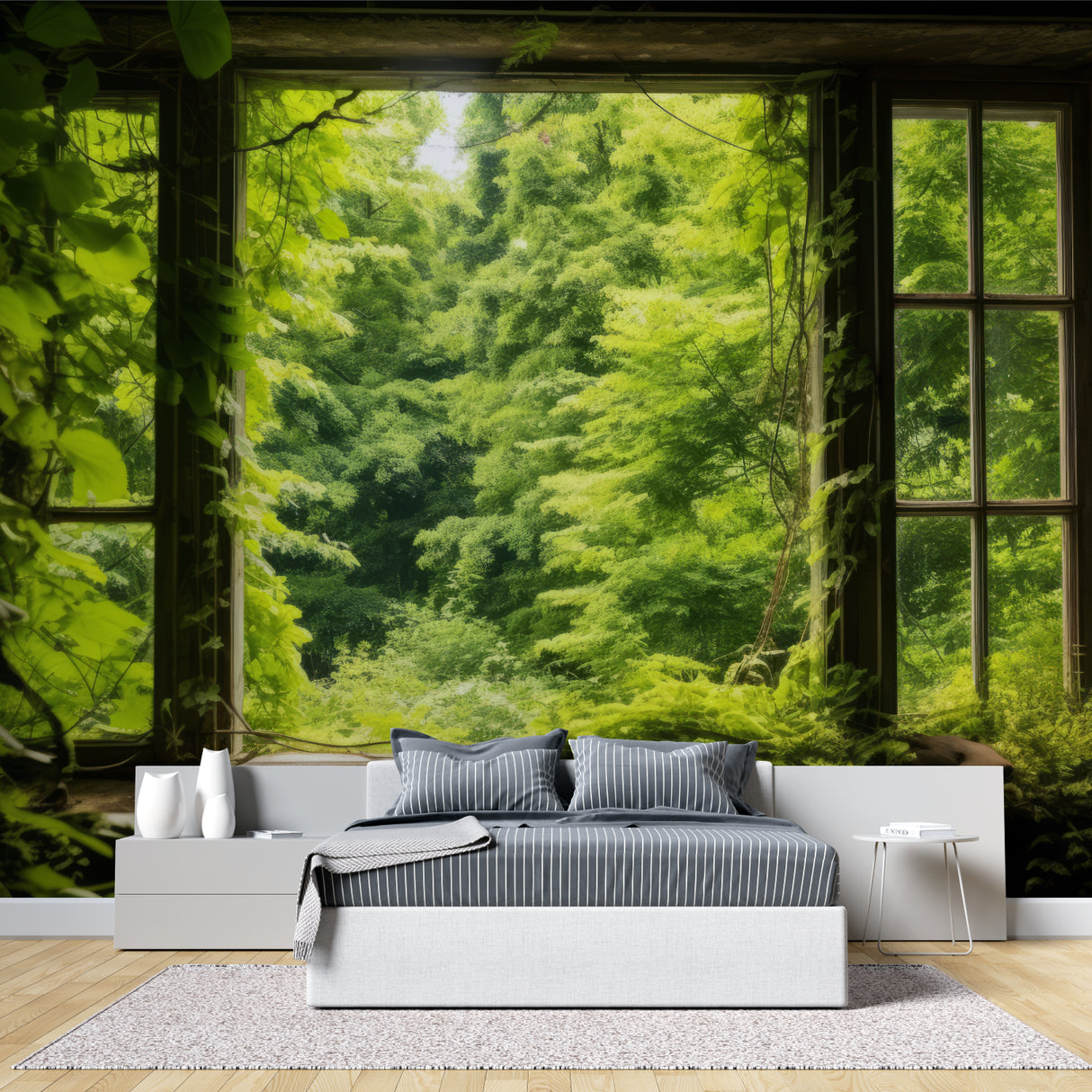 Window frame forest wallpaper creating focal point in meditation room