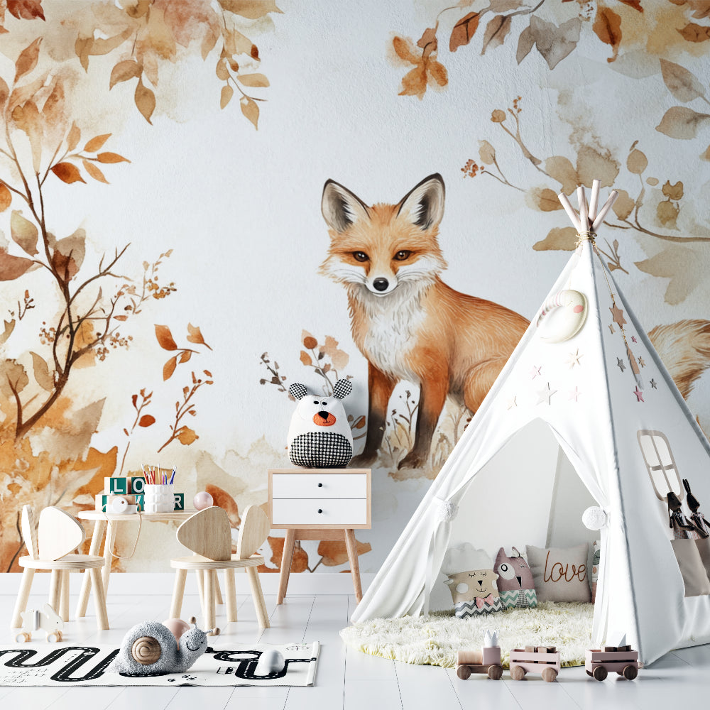 Fox watercolor wallpaper in cozy nursery with natural wood furniture and soft lighting