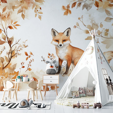 Fox watercolor wallpaper in cozy nursery with natural wood furniture and soft lighting