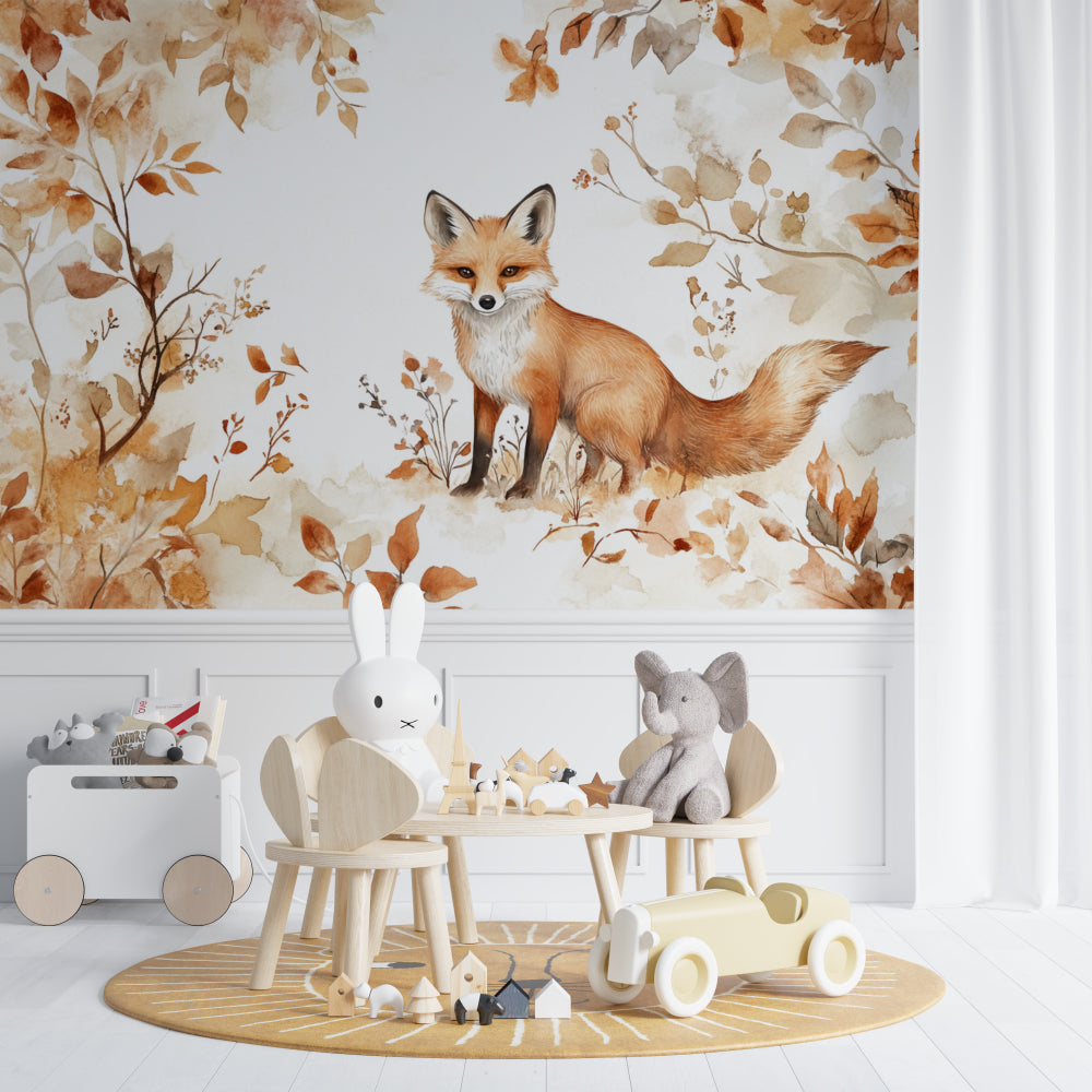 Woodland fox mural creating magic in children's reading nook with comfortable seating