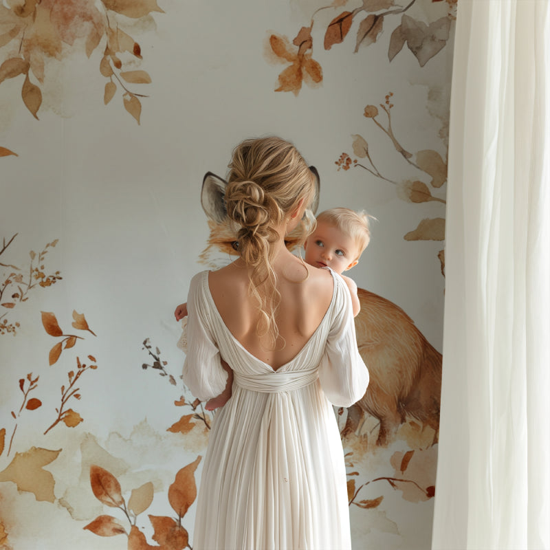 Forest animal wallpaper brightening modern living room with minimalist decor