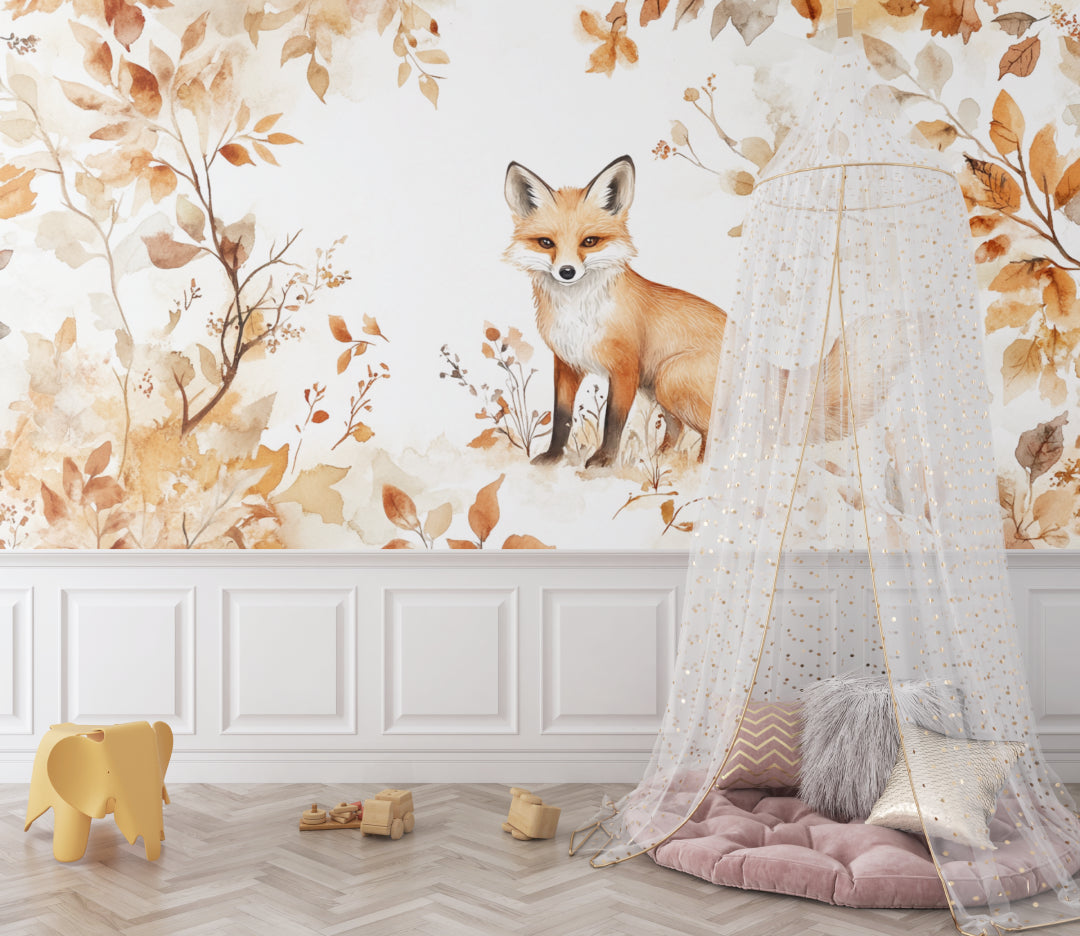 Autumn fox wallpaper adding warmth to Scandinavian-style bedroom