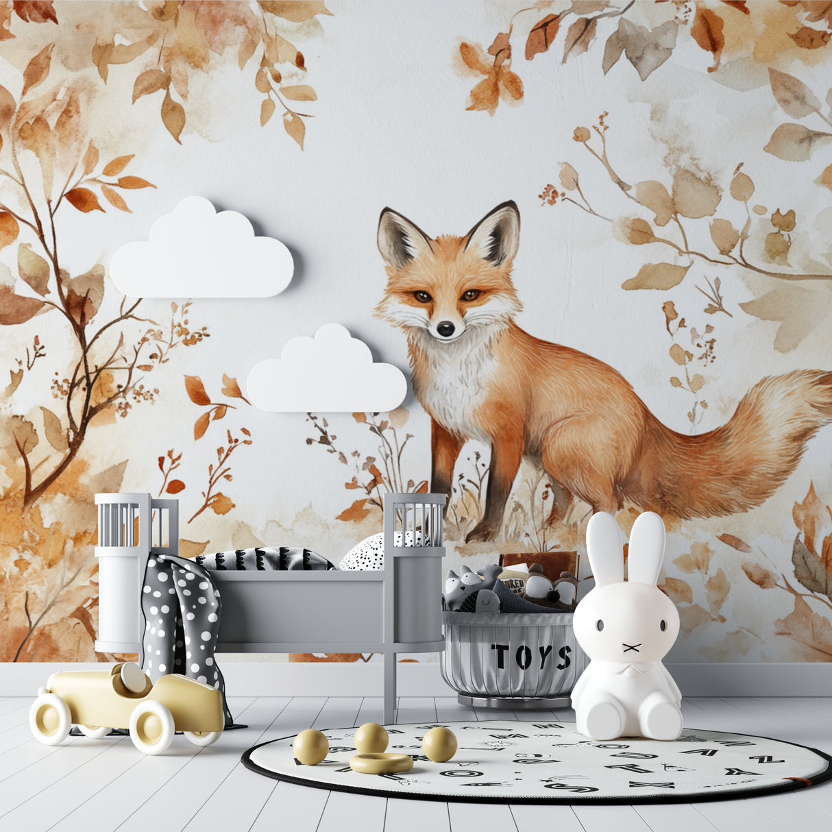 Watercolor fox mural enhancing playroom with natural light and playful elements