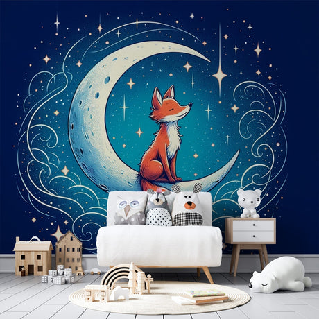 Fox wallpaper mural creating a magical atmosphere in a cozy nursery with soft lighting and sweet dreams theme