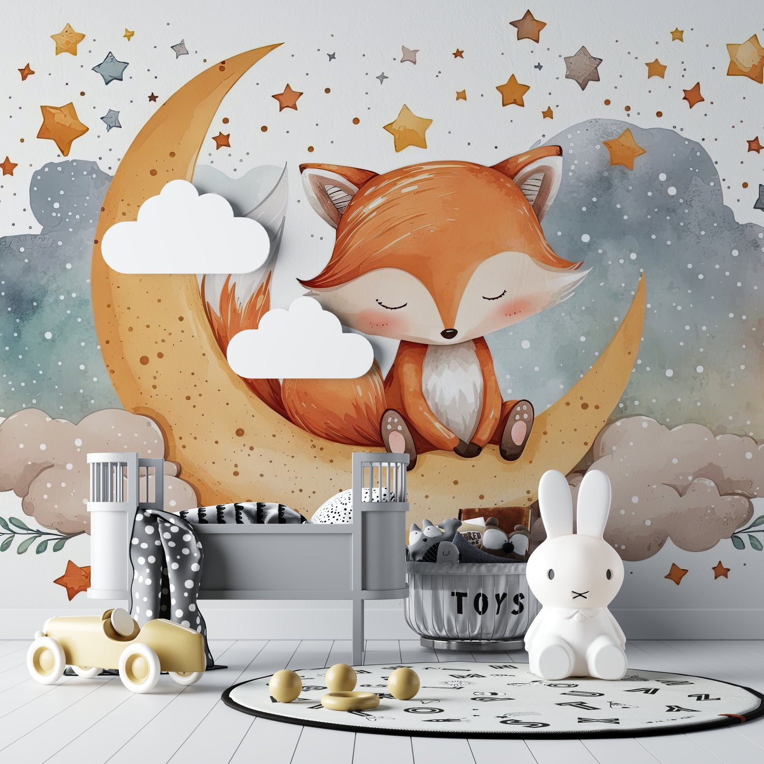 Woodland fox wallpaper bringing charm to playroom with toy storage