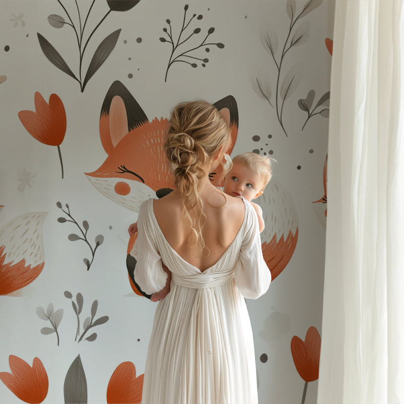 Floral fox wall mural creating cozy reading nook in toddler bedroom