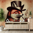 Vintage Fox Wallpaper creating a sophisticated atmosphere in a modern study with leather armchair and wooden desk