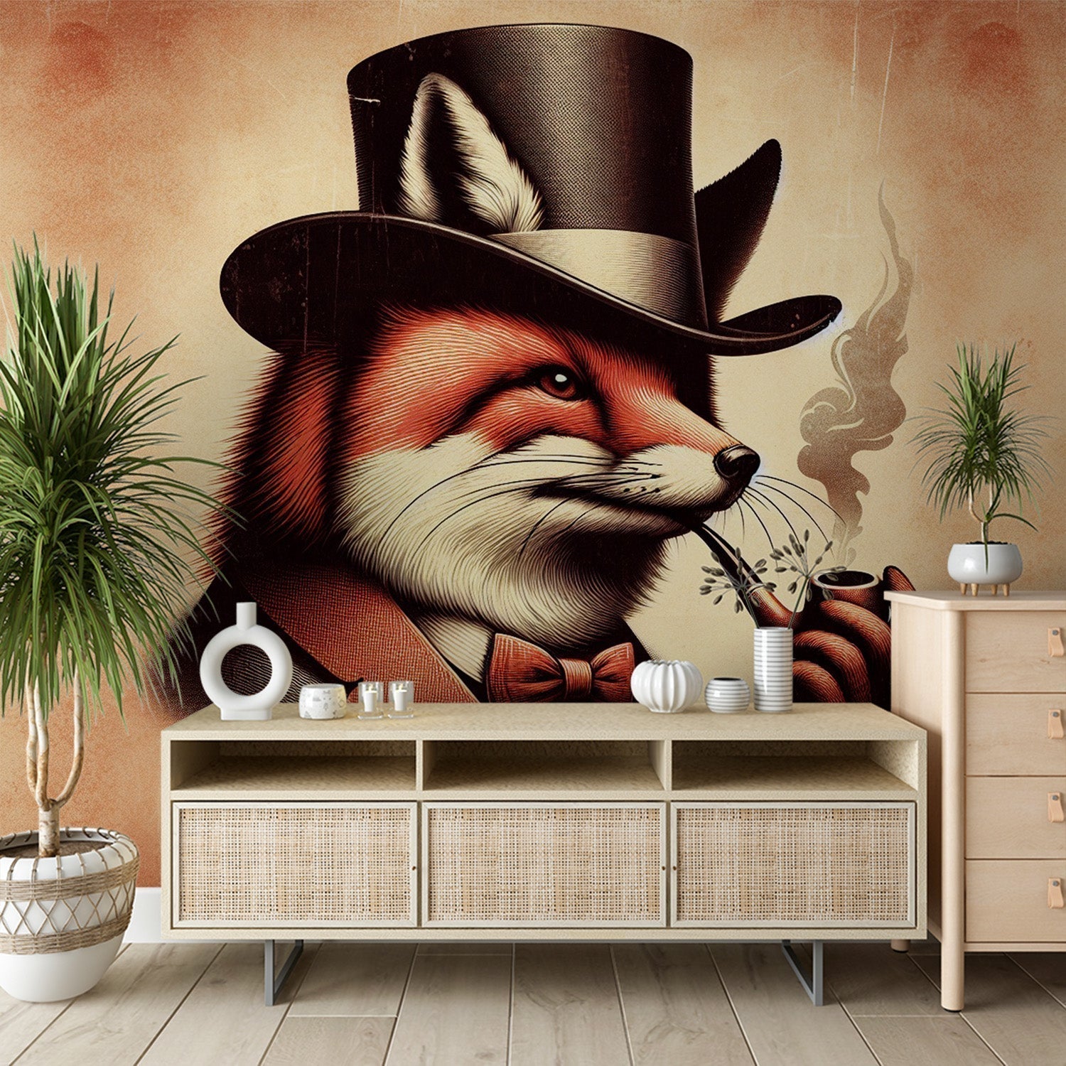 Vintage Fox Wallpaper creating a sophisticated atmosphere in a modern study with leather armchair and wooden desk