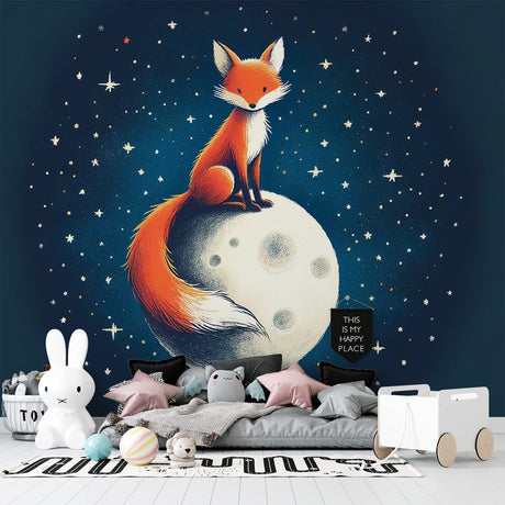 Fox Night Sky Wall Mural styled in a cozy nursery with soft lighting and natural wood furniture