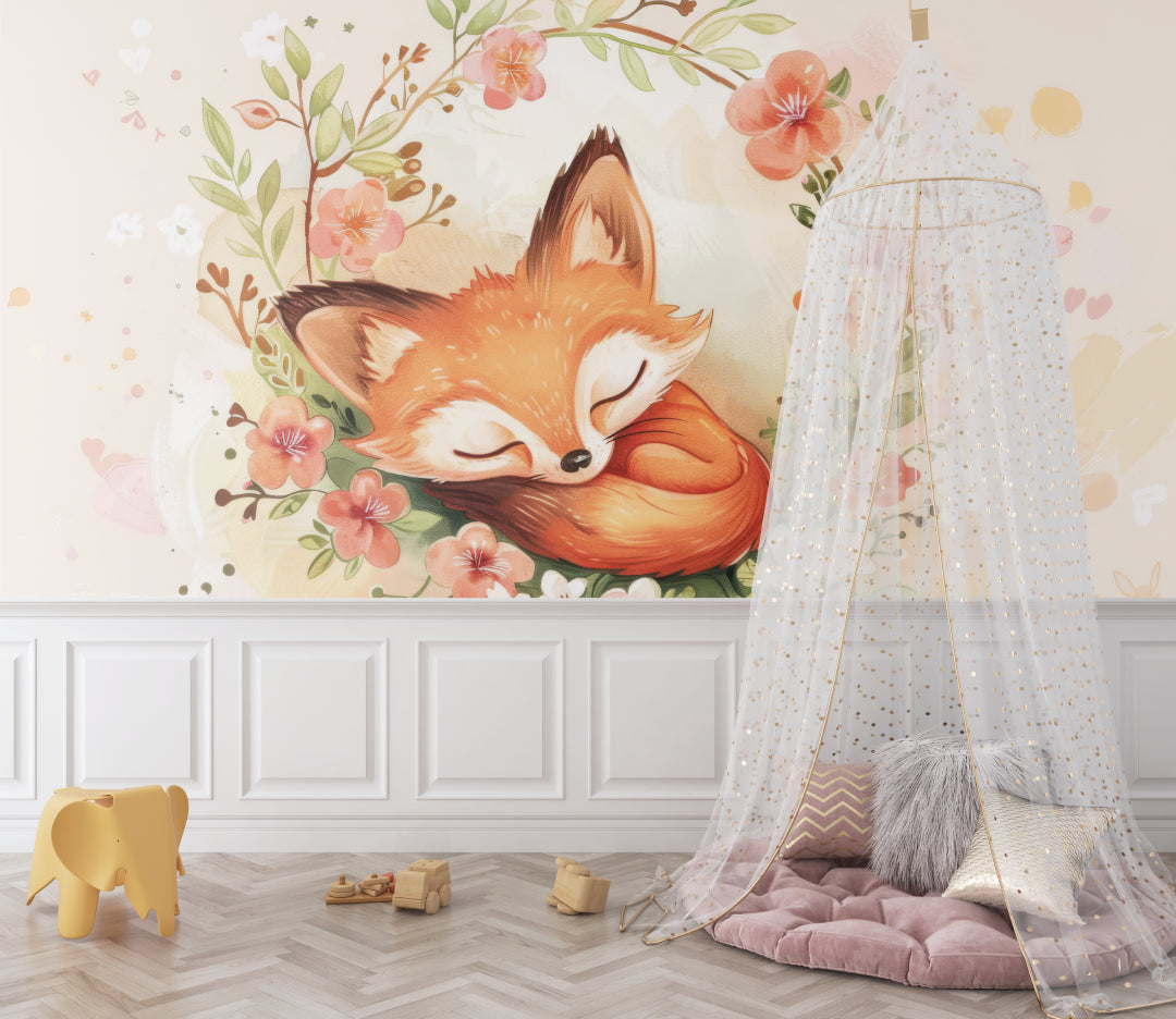 Fox nursery wallpaper mural styled in a cozy baby room with white furniture and soft textiles