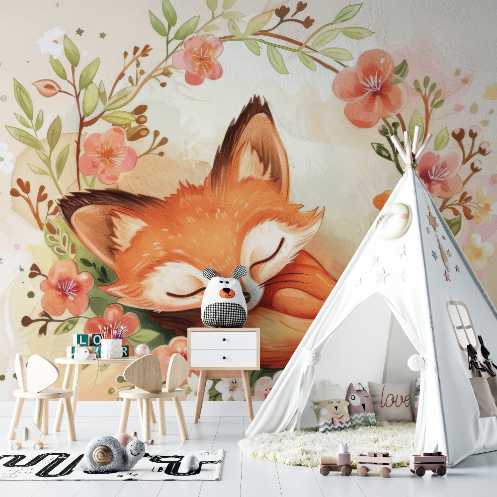 Sleeping fox wallpaper creating a peaceful atmosphere in a toddler's reading nook