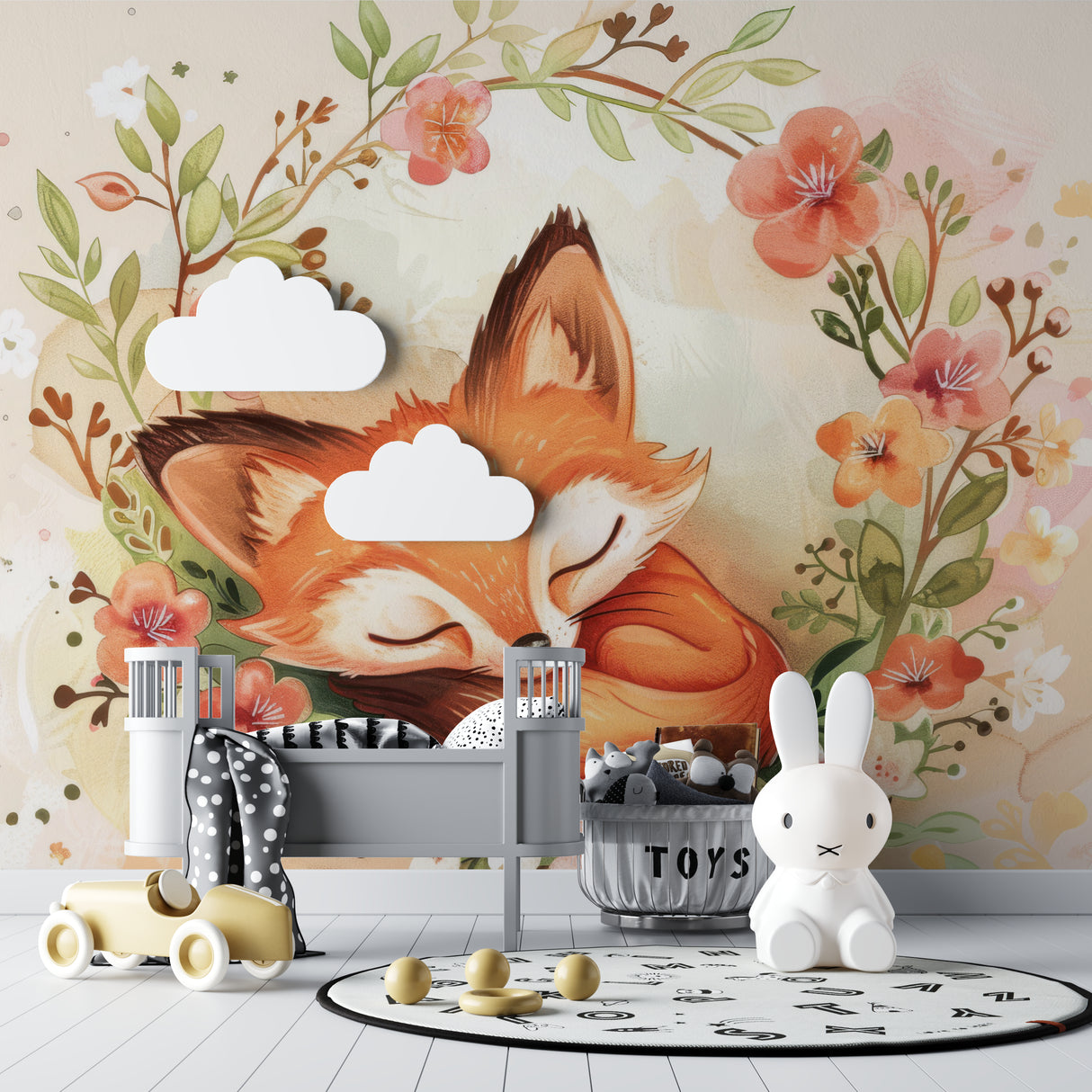 Cherry blossom fox mural bringing charm to a modern nursery with natural decor