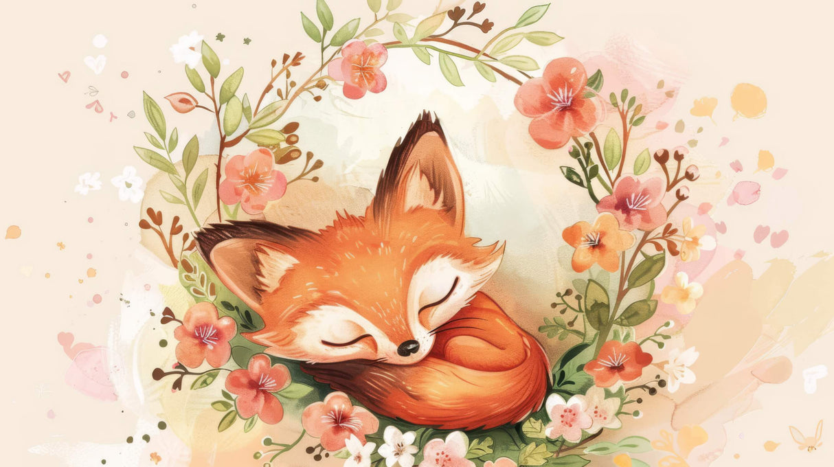 Design file of sleeping fox with cherry blossoms showing intricate watercolor details
