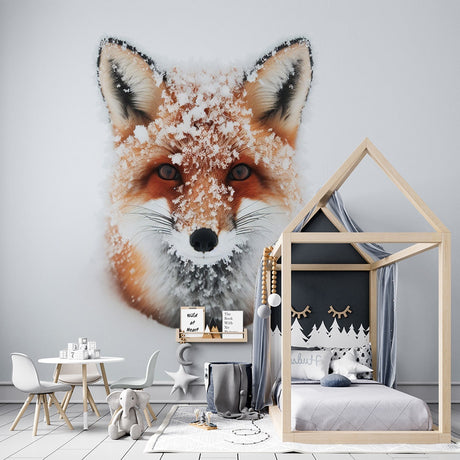 Winter Fox Wallpaper displayed in a cozy Scandinavian living room, creating a peaceful atmosphere with its snowy portrait design