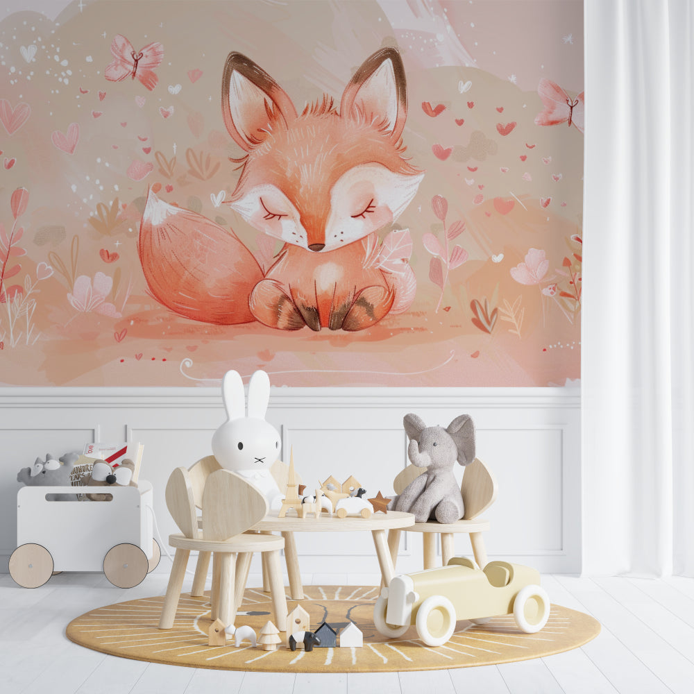 Fox nursery wallpaper creating a cozy atmosphere in a modern white nursery with wooden furniture