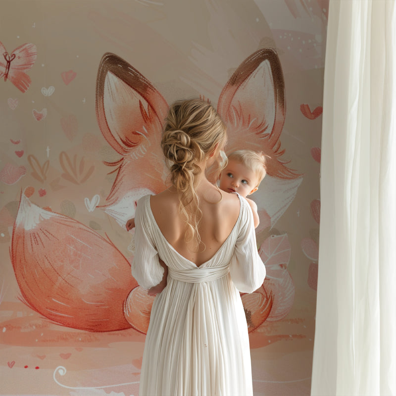 Watercolor fox wallpaper in a pink nursery setting with white crib and natural light