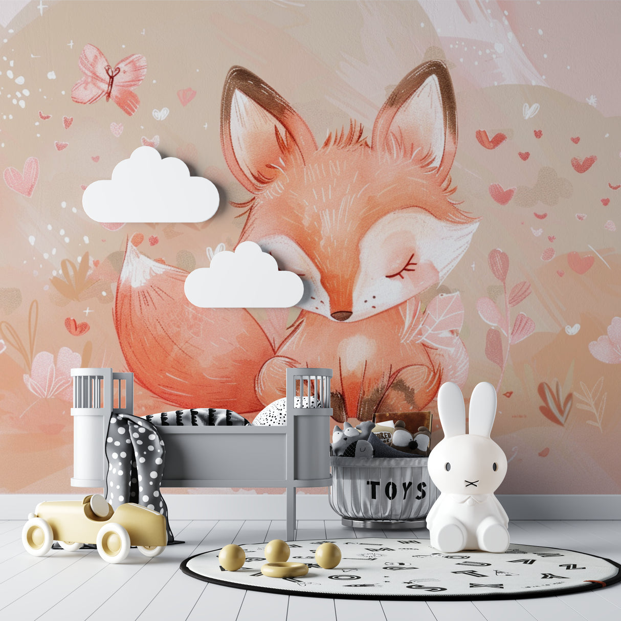 Baby fox mural wallpaper showcased in a gender-neutral nursery with minimalist decor