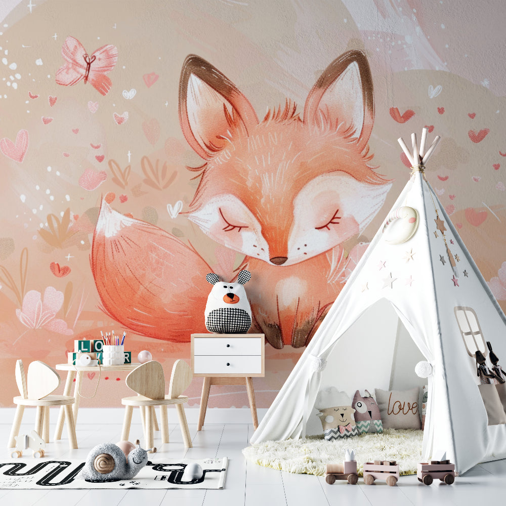 Woodland nursery wallpaper featuring sweet fox design in a beige and coral themed room