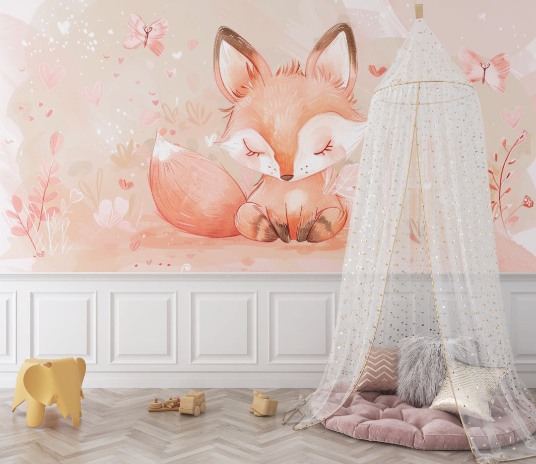 Fox themed nursery wall mural displayed in a Scandinavian style baby room