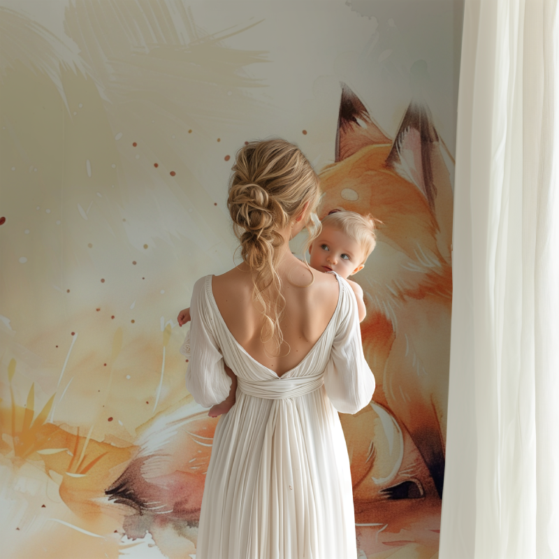 Fox wallpaper mural styled in cozy nursery with natural wood furniture and soft textiles