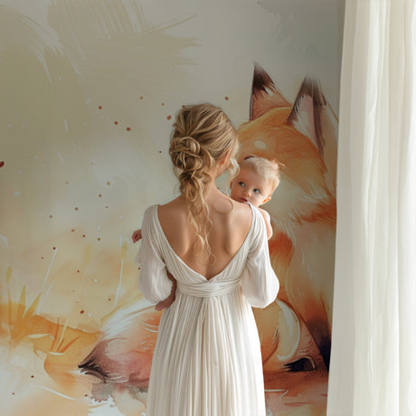 Fox wallpaper mural styled in cozy nursery with natural wood furniture and soft textiles