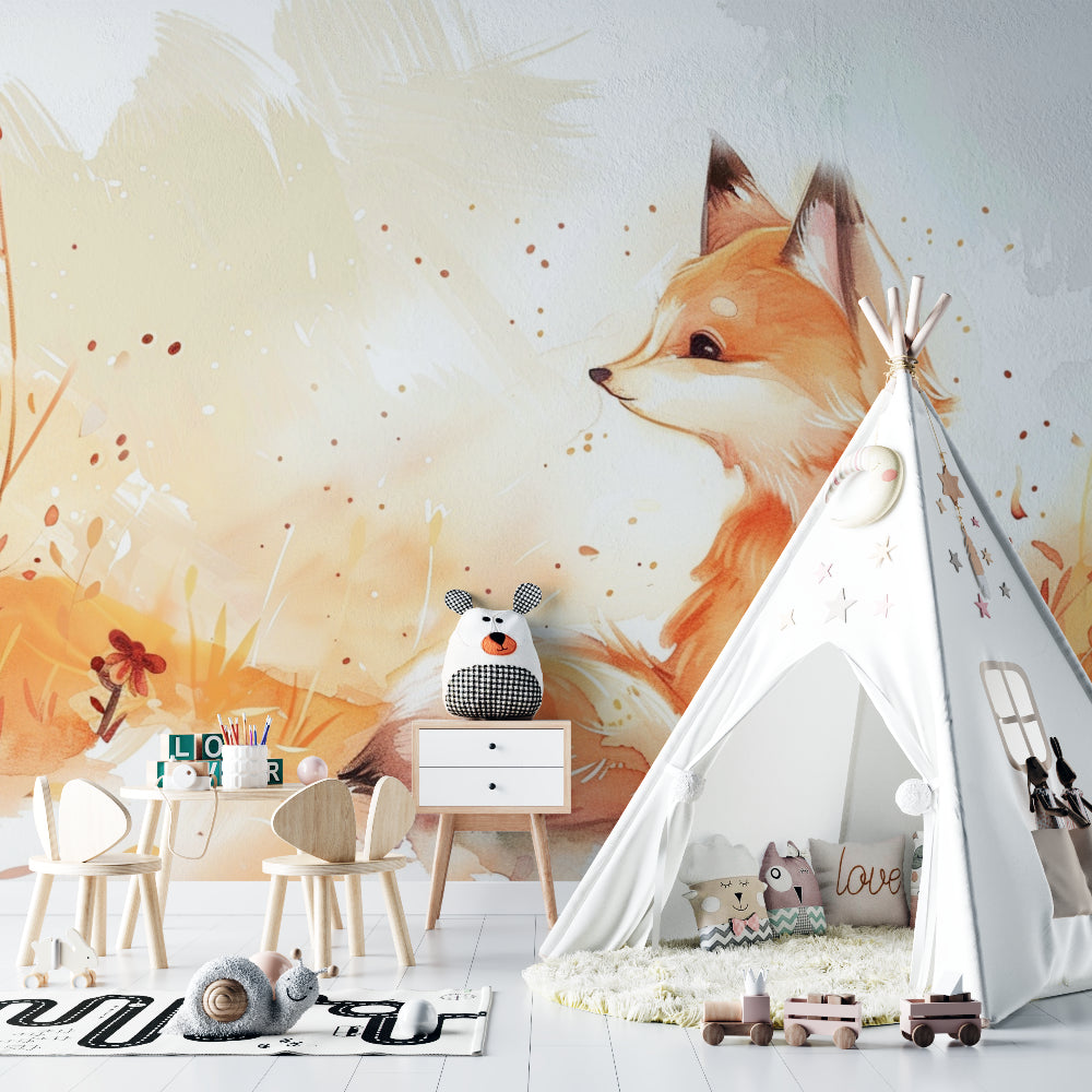 Woodland fox wall mural in modern children's playroom with reading nook