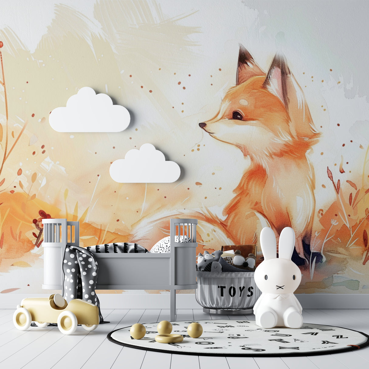 Watercolor fox wallpaper creating warm atmosphere in baby's nursery